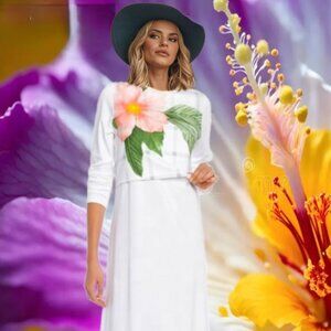 DONATELLA Bold Floral Accent Minimalist White Pima Cotton Maxi Dress Sz M